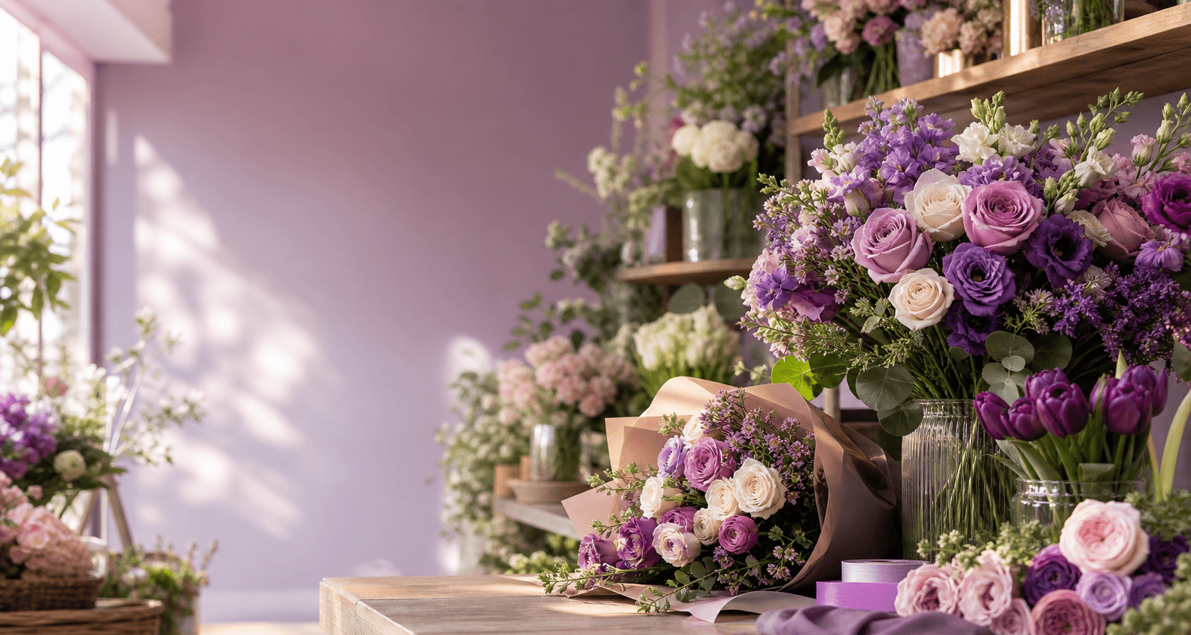 Fresh bouquets and floral arrangements inside a boutique florist shop