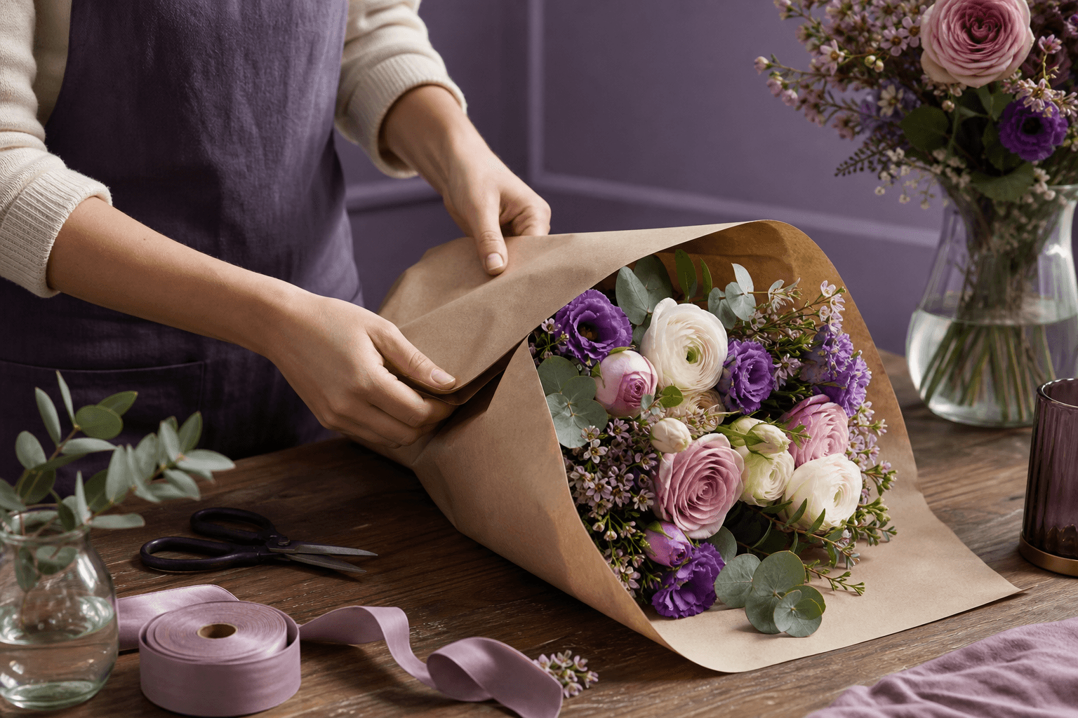 Florist wrapping a fresh bouquet by hand