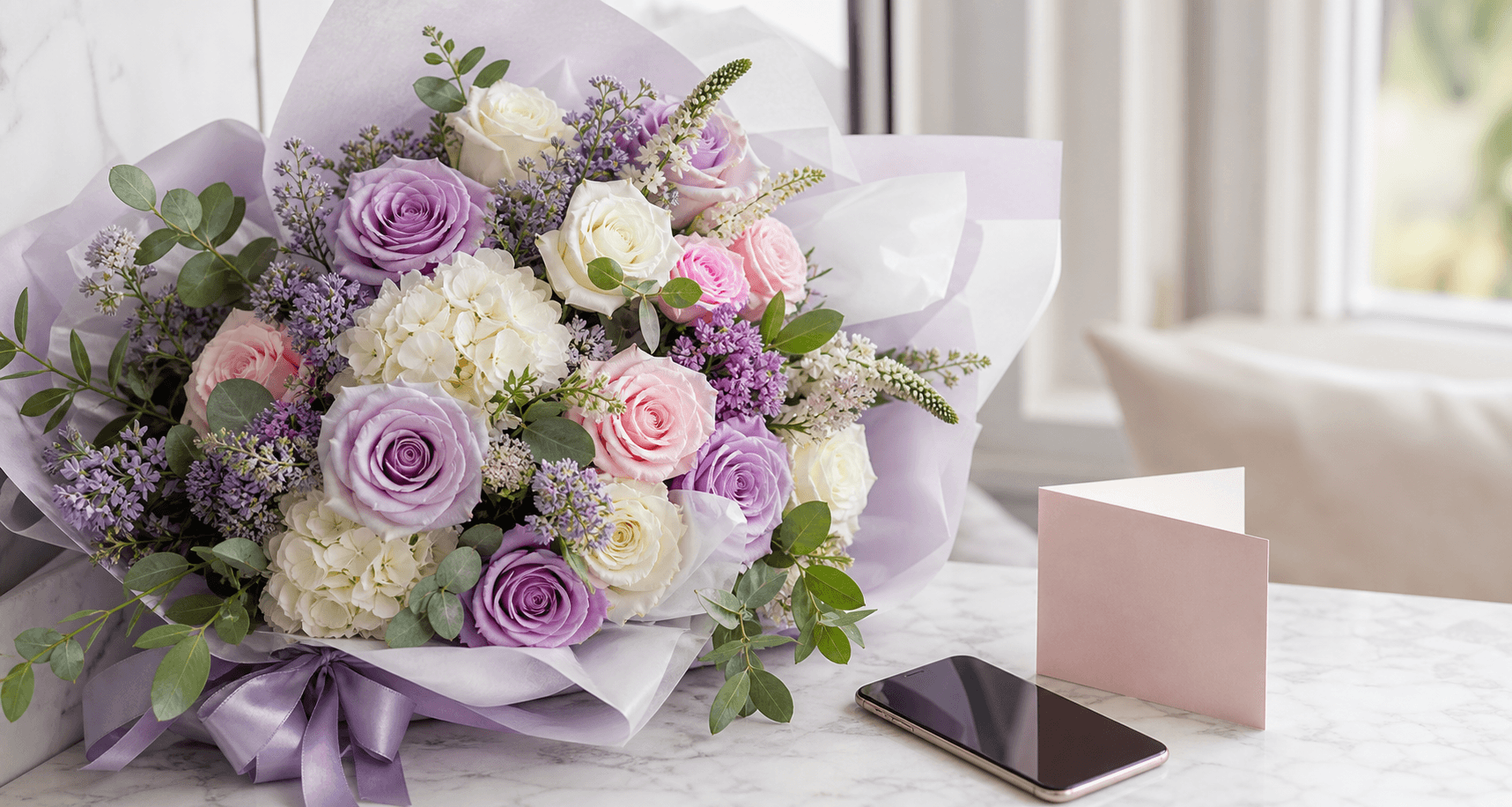 Delivered bouquet with card and phone