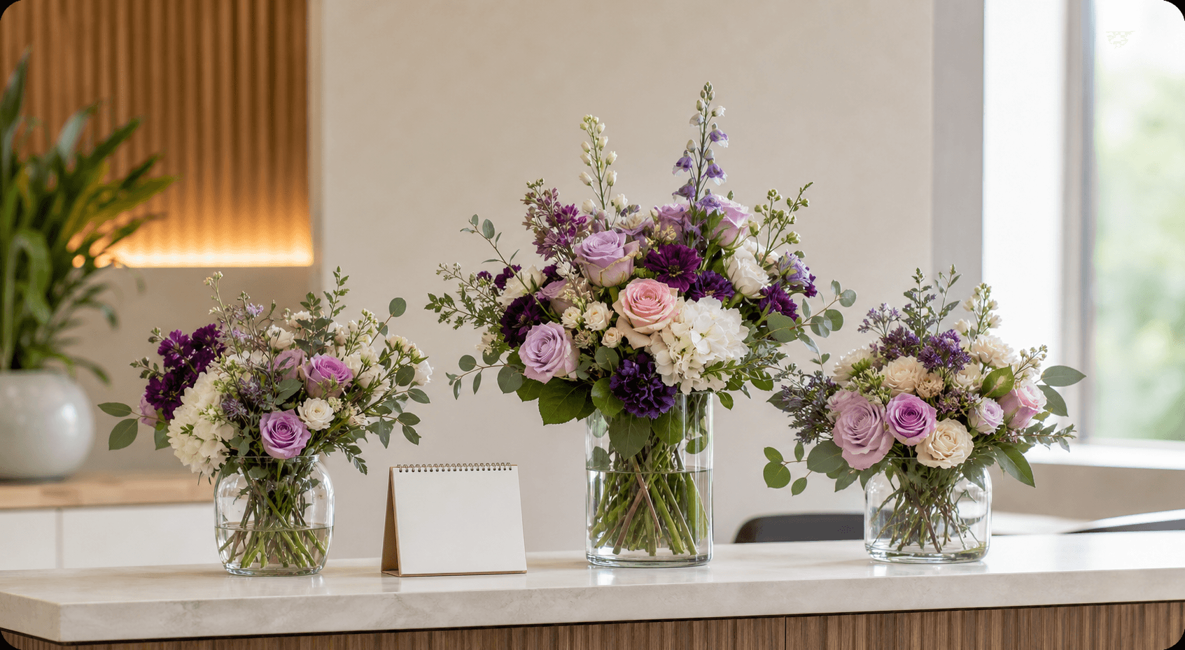 Recurring floral arrangements in glass vases